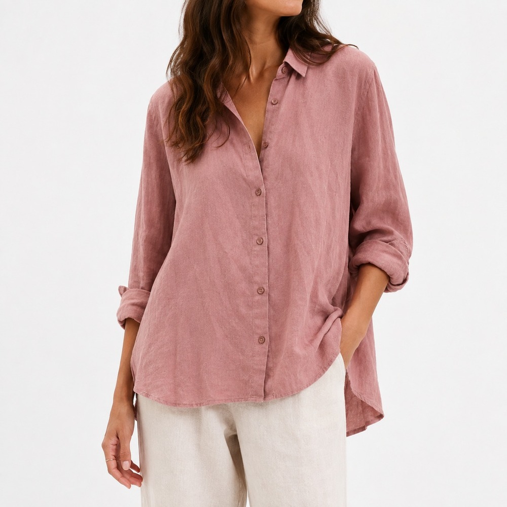 Eileen Fisher Organic Linen Button Up Shirt Women's XL Dusty Pink Quiet Luxury